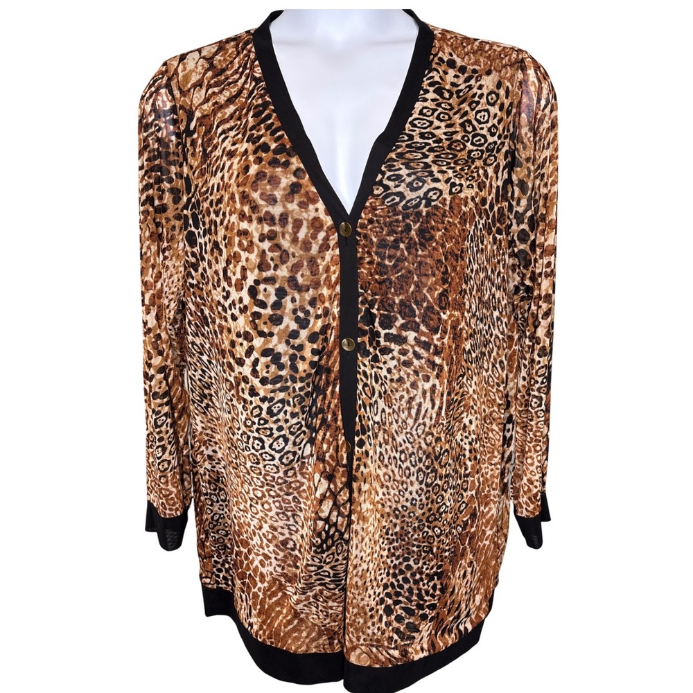 SUSAN GRAVER Brown Leopard Print Sheer Mesh Cardigan 2X Mob Wife Aesthetic Bold